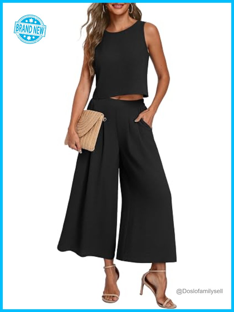 Sleeveless Crop Top Wide Leg Pant 2 Piece Matching Set